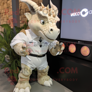 Cream Triceratops mascot costume character dressed with a Henley Shirt and Digital watches