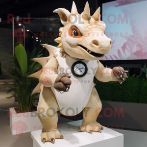Cream Triceratops mascot costume character dressed with a Henley Shirt and Digital watches
