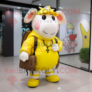 Lemon Yellow Cow mascot costume character dressed with a Raincoat and Backpacks