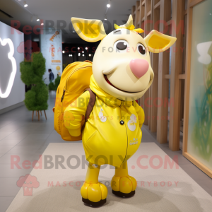 Lemon Yellow Cow mascot costume character dressed with a Raincoat and Backpacks