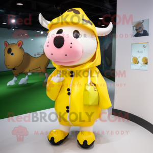 Lemon Yellow Cow mascot costume character dressed with a Raincoat and Backpacks