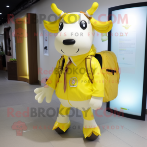 Lemon Yellow Cow mascot costume character dressed with a Raincoat and Backpacks