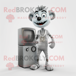 Silver Television mascot costume character dressed with a Vest and Rings