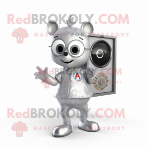 Silver Television mascot costume character dressed with a Vest and Rings