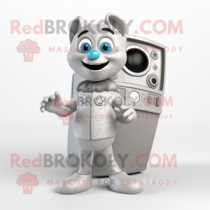 Silver Television mascot costume character dressed with a Vest and Rings