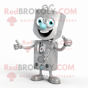 Silver Television mascot costume character dressed with a Vest and Rings