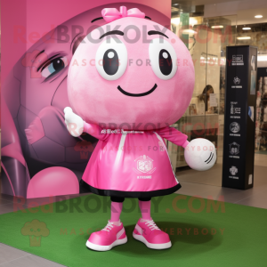 Pink Soccer Ball mascot costume character dressed with a Skirt and Clutch bags