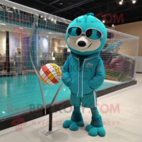 Teal Volleyball Net mascot costume character dressed with a Jacket and Watches