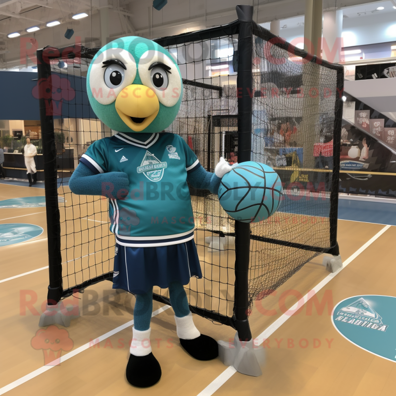 Teal Volleyball Net mascot costume character dressed with a Jacket and Watches Teal Volleyball Net mascot costume character dressed with a Jacket and Watches
