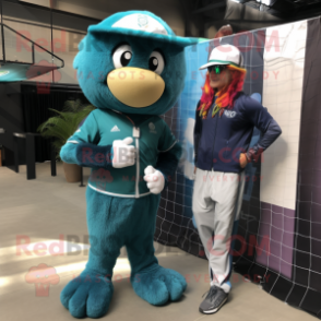 Teal Volleyball Net mascot costume character dressed with a Jacket and Watches
