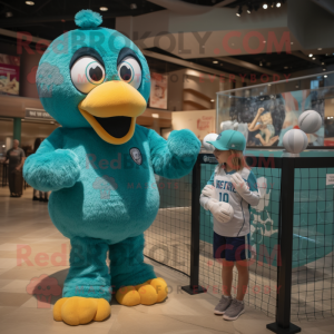 Teal Volleyball Net mascot costume character dressed with a Jacket and Watches