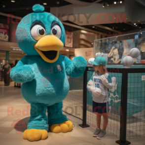Teal Volleyball Net mascot costume character dressed with a Jacket and Watches