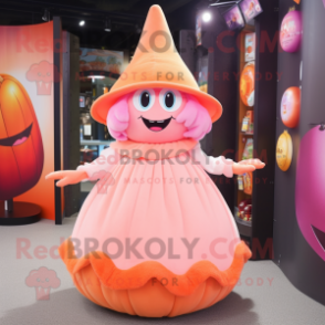 Peach Witch'S Hat mascot costume character dressed with a Ball Gown and Bracelets