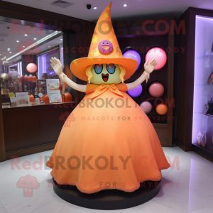Peach Witch'S Hat mascot costume character dressed with a Ball Gown and Bracelets