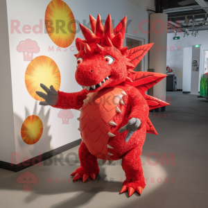 Red Stegosaurus mascot costume character dressed with a Dress and Anklets