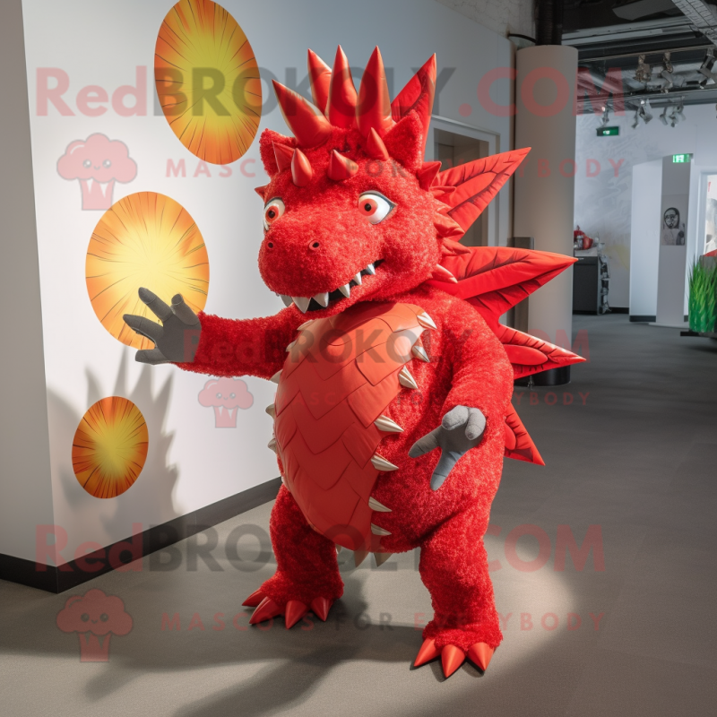 Red Stegosaurus mascot costume character dressed with a Dress and Anklets Red Stegosaurus mascot costume character dressed with a Dress and Anklets