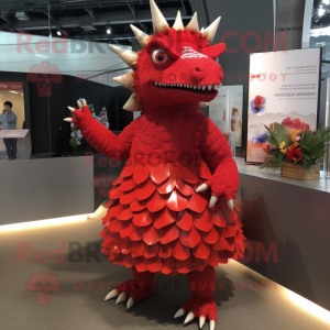 Red Stegosaurus mascot costume character dressed with a Dress and Anklets