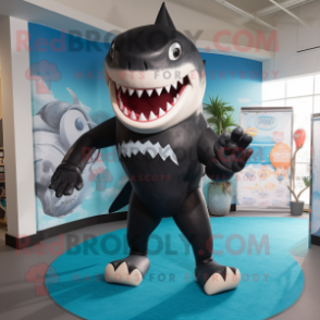 Black Megalodon mascot costume character dressed with a Bikini and Shoe clips