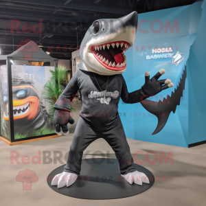 Black Megalodon mascot costume character dressed with a Bikini and Shoe clips