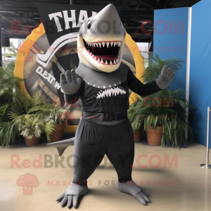 Black Megalodon mascot costume character dressed with a Bikini and Shoe clips