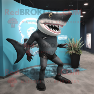 Black Megalodon mascot costume character dressed with a Bikini and Shoe clips