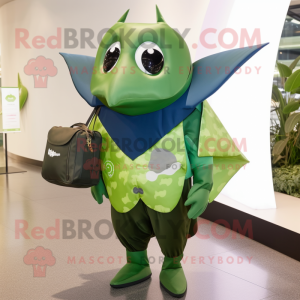 Olive Manta Ray mascot costume character dressed with a Rash Guard and Messenger bags