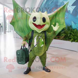 Olive Manta Ray mascot costume character dressed with a Rash Guard and Messenger bags