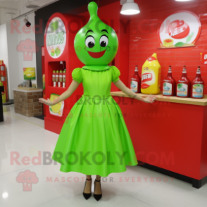 Lime Green Bottle Of Ketchup mascot costume character dressed with a Midi Dress and Brooches