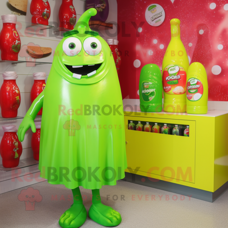 Lime Green Bottle Of Ketchup mascot costume character dressed with a Midi Dress and Brooches