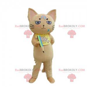 Beige kat mascotte met een potlood, schooljongen kostuum -