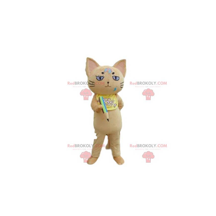 Beige cat mascot with a pencil, schoolboy costume -