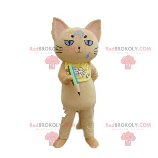 Beige cat mascot with a pencil, schoolboy costume -