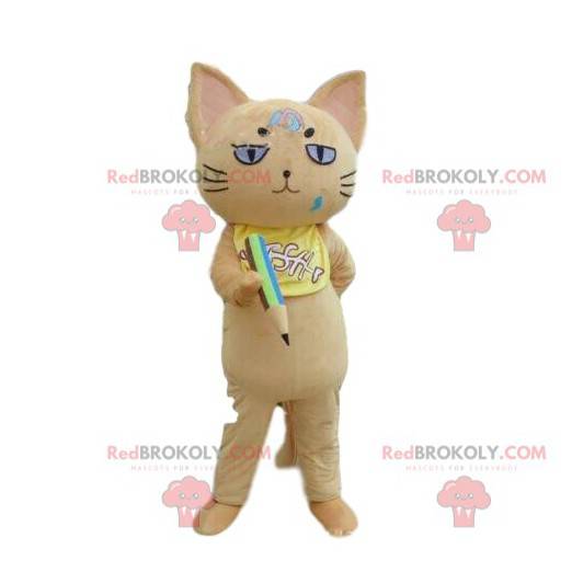 Maskot béžové kočky s tužkou, kostým školáka - Redbrokoly.com