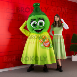 Lime Green Bottle Of Ketchup mascot costume character dressed with a Midi Dress and Brooches