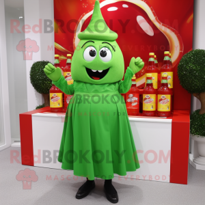 Lime Green Bottle Of Ketchup mascot costume character dressed with a Midi Dress and Brooches