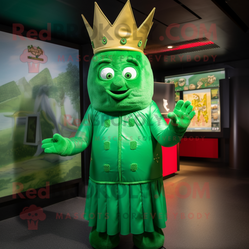 Green Queen mascot costume character dressed with a Sweatshirt and Cummerbunds