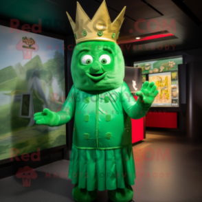 Green Queen mascot costume character dressed with a Sweatshirt and Cummerbunds