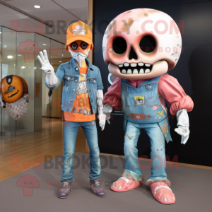Peach Skull mascot costume character dressed with a Boyfriend Jeans and Headbands
