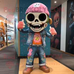 Peach Skull mascot costume character dressed with a Boyfriend Jeans and Headbands