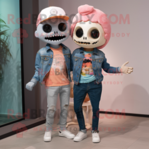 Peach Skull mascot costume character dressed with a Boyfriend Jeans and Headbands