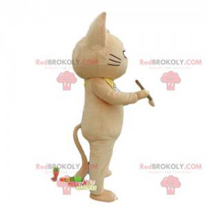 Beige kat mascotte met een potlood, schooljongen kostuum -