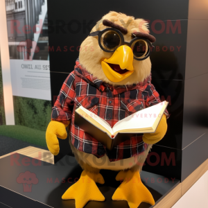 Gold Blackbird mascot costume character dressed with a Flannel Shirt and Reading glasses