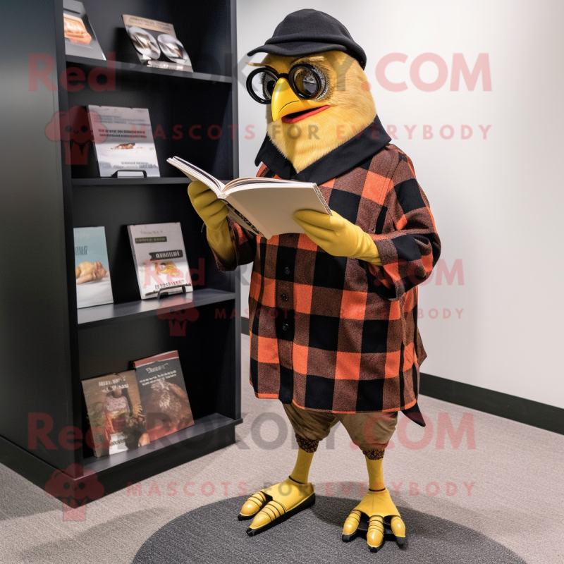Gold Blackbird mascot costume character dressed with a Flannel Shirt and Reading glasses