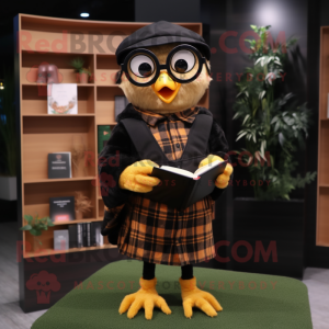 Gold Blackbird mascot costume character dressed with a Flannel Shirt and Reading glasses