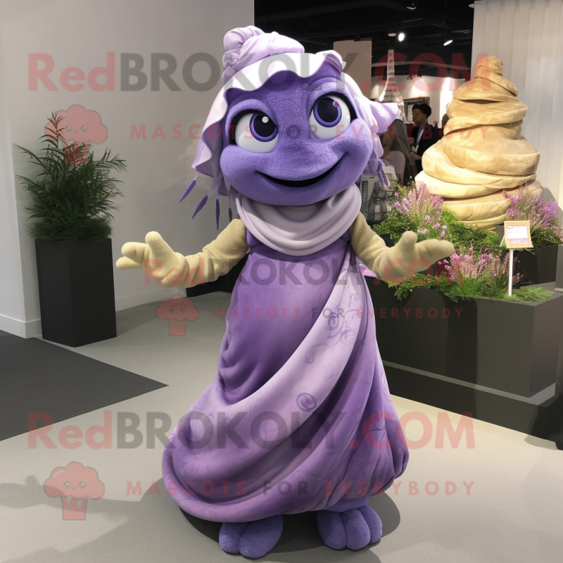 Lavender Pho mascot costume character dressed with a A-Line Dress and Rings