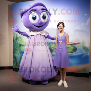 Lavender Pho mascot costume character dressed with a A-Line Dress and Rings