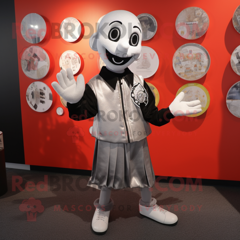 Silver Mime mascot costume character dressed with a Jacket and Coin purses Silver Mime mascot costume character dressed with a Jacket and Coin purses