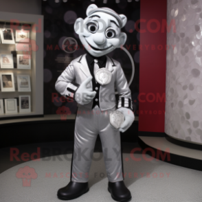 Silver Mime mascot costume character dressed with a Jacket and Coin purses