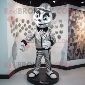 Silver Mime mascot costume character dressed with a Jacket and Coin purses