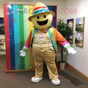 Gold Rainbow mascot costume character dressed with a Bermuda Shorts and Hat pins